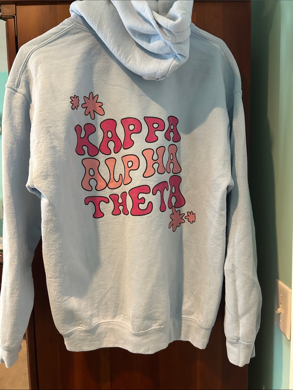Gildan Light Blue Kappa Alpha Theta Hoodie with Pink Graphic